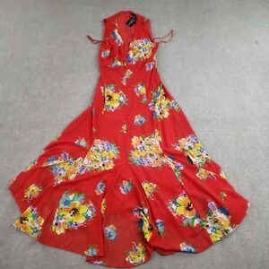 Lauren Ralph Lauren Dress Womens 4 Red Floral V-Neck Fit Flare Maxi Black Label‎